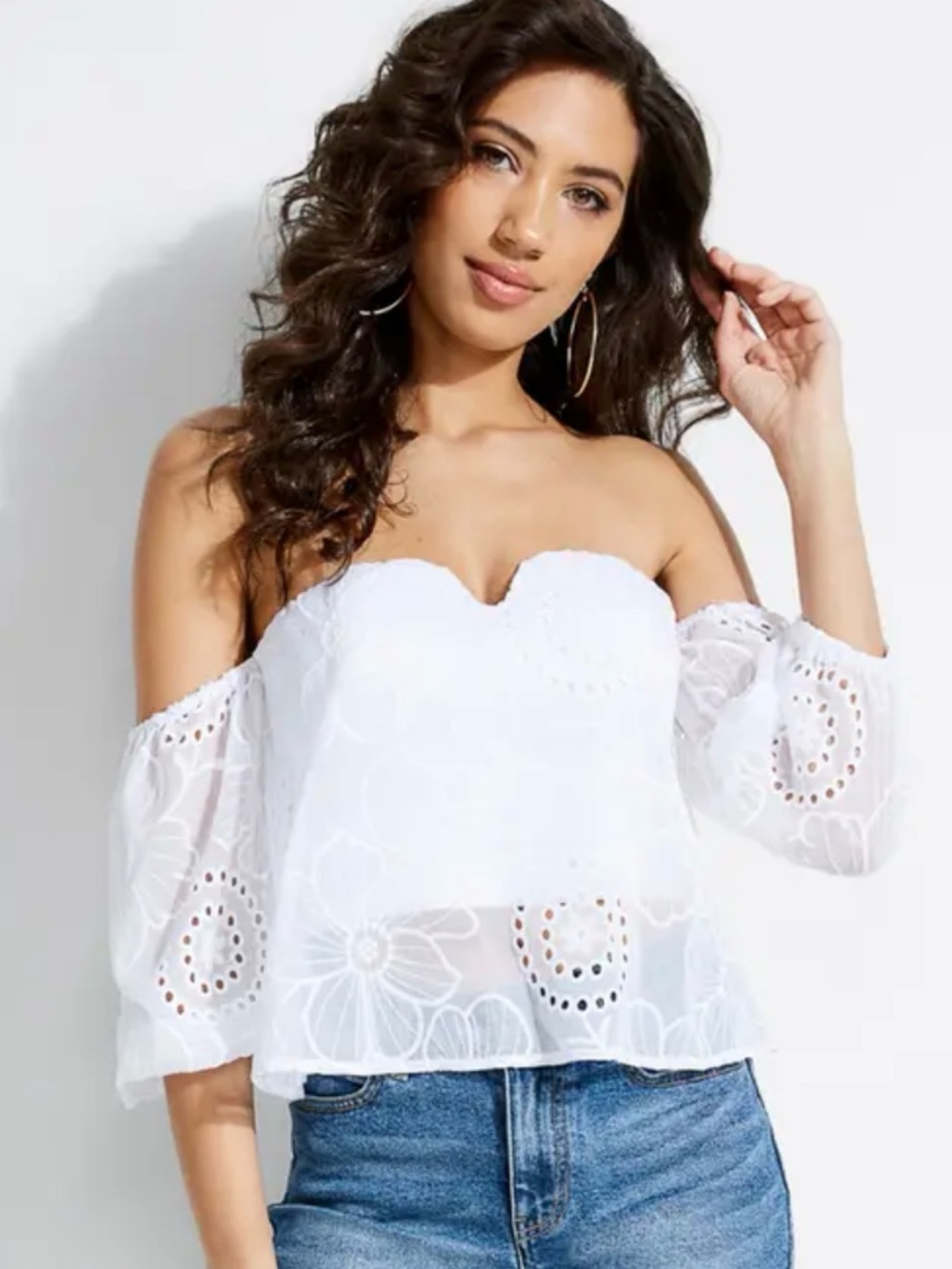 GUESS Adrina Off-Shoulder Eyelet Top Floral White Crop Top Size Medium NWT